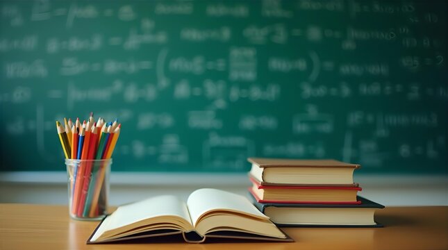 Classroom Scene: Books, Pencils, and Math Equations on Chalkboard - Back to School Education Stock Photo