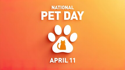 National Pet Day April 11: Orange Background with White Paw Print and Cat Silhouette, Holiday Celebration, Pet Adoption Awareness Image