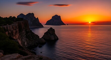 Vibrant Sunset Over Rocky Islands and Calm Ocean.