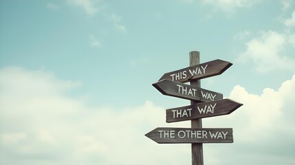 Rustic Wooden Directional Signpost: This Way, That Way, The Other Way - Crossroads, Decision Making, Travel Concept, Blue Sky Background