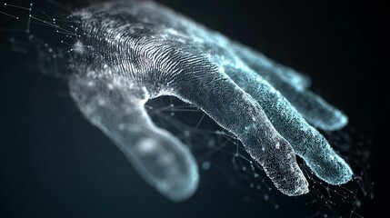 Abstract digital fingerprint hand glows with futuristic connectivity, symbolizing advanced identity verification and global network security.