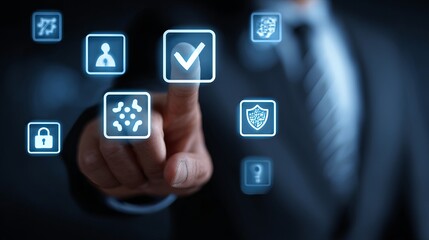 Professional selecting digital security options on futuristic interface, ensuring data protection and system integrity for modern business operations.