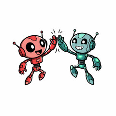 Cute robots high-fiving celebrating teamwork and success in technology