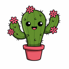 Cute cartoon cactus with pink flowers in a pot, cheerful and adorable