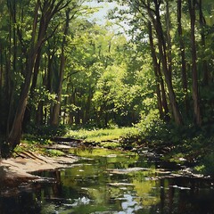 Obraz premium Serene woodland meadow with yellow flowers and trees picture