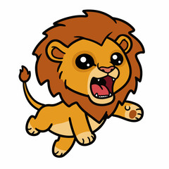 Cute cartoon lion cub roaring and playfully jumping with joy