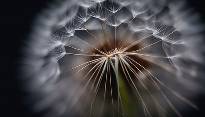A close up of a dandelion seed head with intricate details against a dark blurred background
