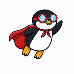 Cute cartoon superhero penguin flying with cape and goggles