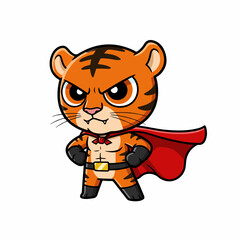 Brave cartoon tiger superhero with cape ready for action