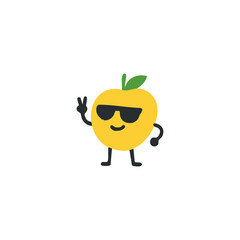 A stylized, cartoonish yellow fruit character wearing sunglasses and giving a peace sign