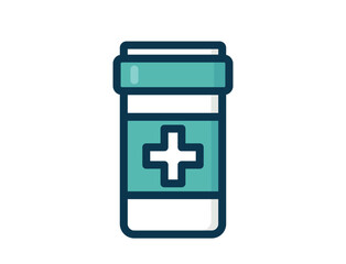 Icon of a prescription pill bottle with a teal label featuring a white medical cross. The bottle symbolizing medication and pharmacy use.