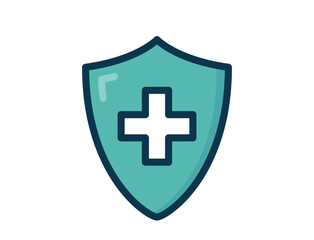 A teal shield icon with a white medical cross in the center, outlined in dark blue. Symbolizing healthcare protection and safety.