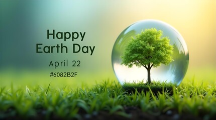 Happy Earth Day April 22 Image: Tree in Glass Orb on Green Grass, Environmental Awareness Day, Nature Conservation, Earth Day Graphic, #608282F