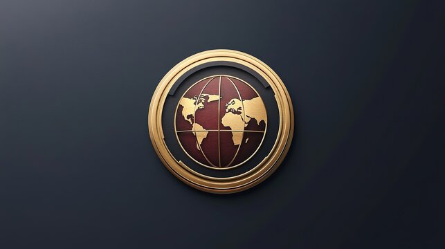 A decorative globe emblem with golden accents, showcasing world continents against a dark background.