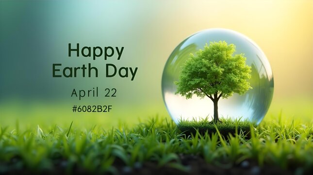 Happy Earth Day April 22 Image: Tree in Glass Orb on Green Grass, Environmental Awareness Day, Nature Conservation, Earth Day Graphic, #608282F