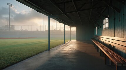 Serene baseball dugout bathed in warm morning light, empty benches await players on a misty athletic field