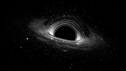 A grayscale depiction of a black hole surrounded by swirling stellar matter