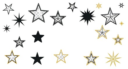 Fototapeta premium Decorative Black and Gold Star Shapes on White Background for Celebration or Party Design