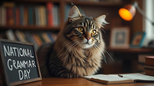 National Grammar Day Cat: Cute Maine Coon with Chalkboard, Books, and Desk - Stock Photo for Education, Language, and Feline Lovers