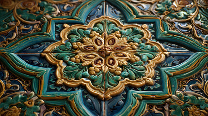 Intricate Golden and Teal Decorative Tile with Floral and Geometric Patterns