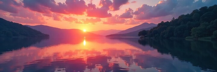 Serene sunrise over a tranquil lake reflecting vibrant colors, peaceful and calming nature scene perfect for wellness imagery, promoting relaxation and inner peace , beauty, environment, vibrant
