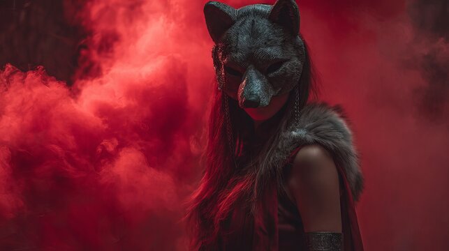 Mysterious woman in striking wolf mask and fur collar emerges from vibrant red smoke evoking fantasy and intrigue