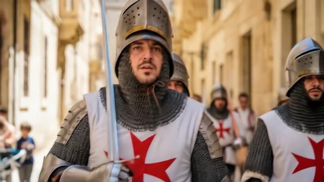 group of medieval crusader knights in armor and white tabards with red crosses, advancing in formation. historical reenactment during malta independence day.
