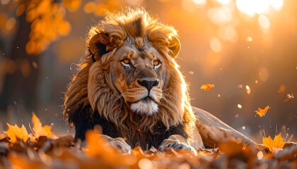 Naklejka premium Retrato de león majestuoso entre hojas otoñales con luz dorada