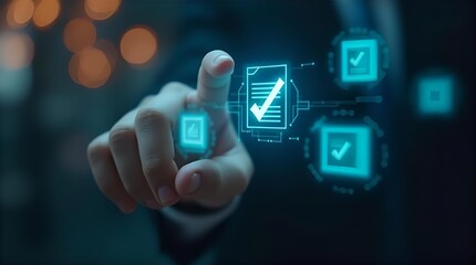Digital Compliance Checklist: Hand Touching Virtual Document with Tick Marks for Business Process Automation & Regulatory Approval