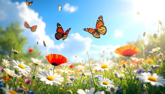 Mariposas volando sobre margaritas y amapolas en pradera soleada