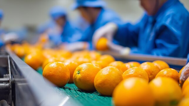 Fresh oranges move along a vibrant conveyor belt in a clean food processing facility with workers in blue uniforms and hairnets carefully inspecting them.