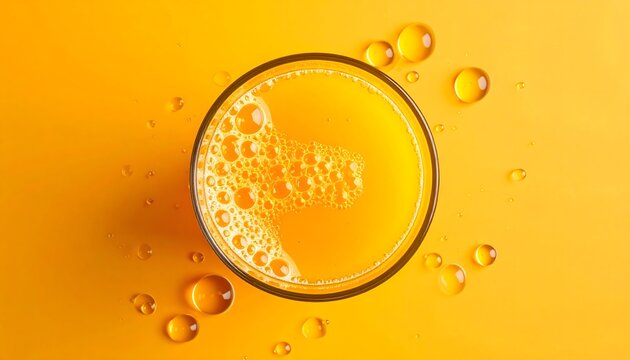 Vaso de zumo de naranja fresco con burbujas visto desde arriba sobre fondo naranja vibrante con gotas de jugo