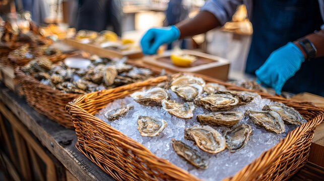 Freshly shucked oysters served on ice with lemon wedges at a vibrant outdoor market, perfect for culinary promotions and gourmet food content.