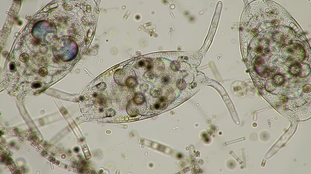 Highly Detailed Microscopic Image of Three Paramecia with Visible Cilia and Internal Structures Floating in a Clear Liquid Environment for Scientific Research and Educational Materials Showcasing