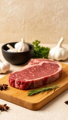 Fototapeta premium Raw beef steak on a wooden cutting board with garlic cloves and star anise in a black bowl on beige textured surface. Perfect for gourmet branding, recipe visuals, and World Food Day campaigns.