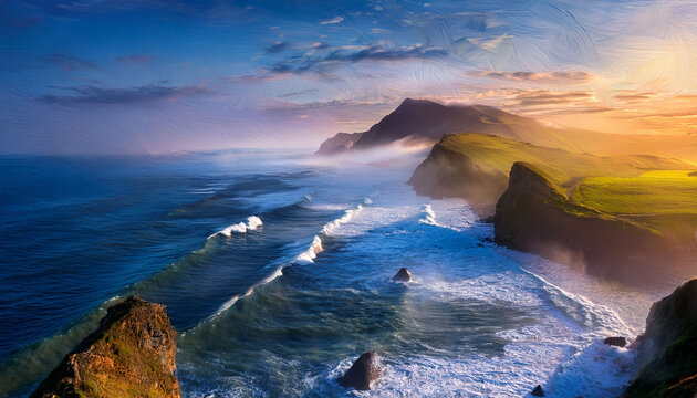 Abstract Painting Depicting A Misty Coastal Landscape At Dawn