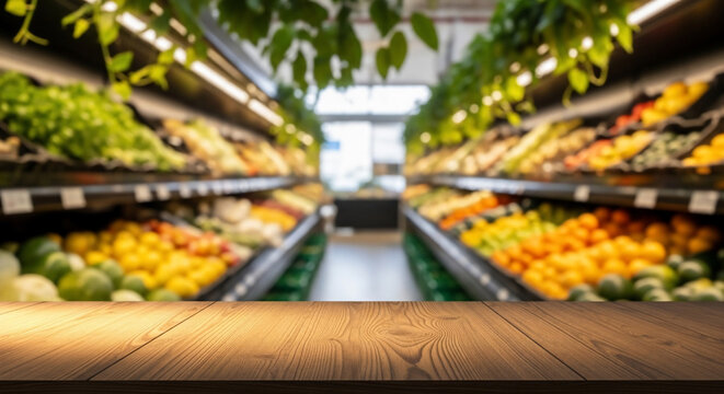 A wooden table in the foreground with a blurred background of a grocery store produce aisle filled with fresh fruits and vegetables