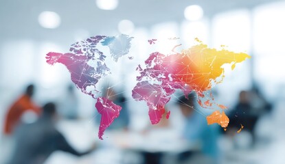 Global network abstract map overlaying blurred meeting space