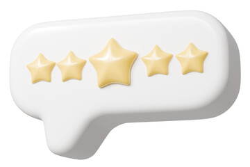 3d rating stars icon. customer feedback concept. Minimal cartoon five glossy yellow stars inside chat bubble for review score or testimonial isolated on white background. 3d render.