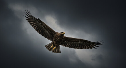 Obraz premium A majestic eagle soars through a dramatic, cloudy sky with its wings spread wide, showcasing its power and freedom