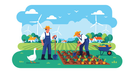 Flat style illustration of farmers planting vegetables in a field with wind turbines, houses, and greenery, symbolizing organic farming, renewable energy, and sustainable rural agriculture