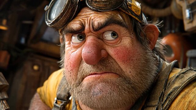 Grumpy Old Man with Goggles Looking Intently in Workshop Setting