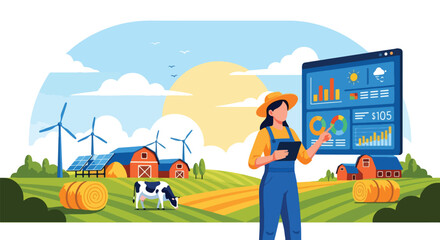 Flat style illustration of a farmer using digital data analytics for smart farming with wind turbines, solar panels, barns, and livestock, symbolizing sustainable agriculture and modern technology