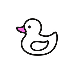 Simple black outline drawing of a white rubber duck with a pink beak