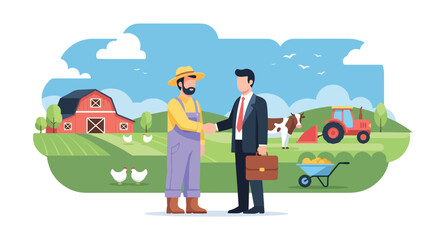 Flat style illustration of a farmer and businessman shaking hands on a farm with barn, tractor, cow, and chickens, symbolizing agriculture partnership, investment, and rural economy