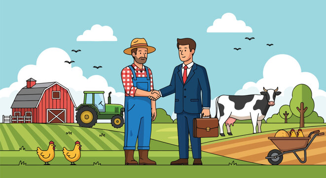 Flat style illustration of a farmer and businessman shaking hands on a farm with barn, tractor, cow, and chickens, symbolizing agriculture partnership, investment, and rural economy