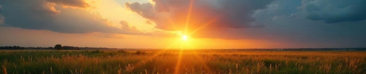 Intense sunlight streaming through gaps in clouds, illuminating a landscape with golden rays Perfect for environmental, renewable energy, and nature themes , heat, scenic