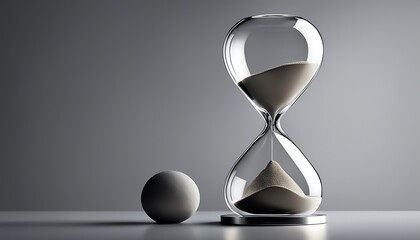 A minimalist image of an hourglass with sand flowing and a sphere on a gray surface and background
