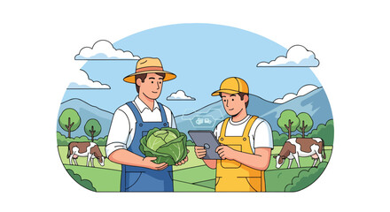 Flat style illustration of farmers in a rural field with cows, using technology and holding fresh produce, symbolizing modern agriculture, sustainability, and organic farming