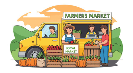 Flat style illustration of a mobile farmer’s market truck selling fresh fruits and vegetables, symbolizing healthy food, local produce, sustainability, and organic farming